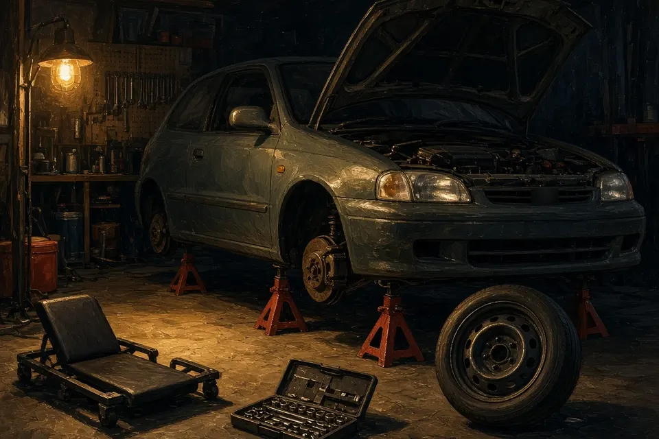 A hatchback up on jack stands in a home garage at night, hood open and one wheel off, with a creeper and a socket set on the floor