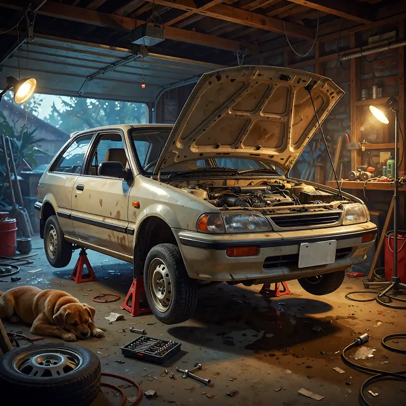 A hatchback up on jack stands in a home garage with the hood open, work lights on, and a dog asleep on the floor beside the tools